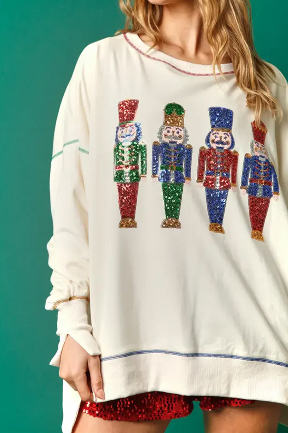 White Sequin Christmas Nutcracker Round Neck Sweatshirt