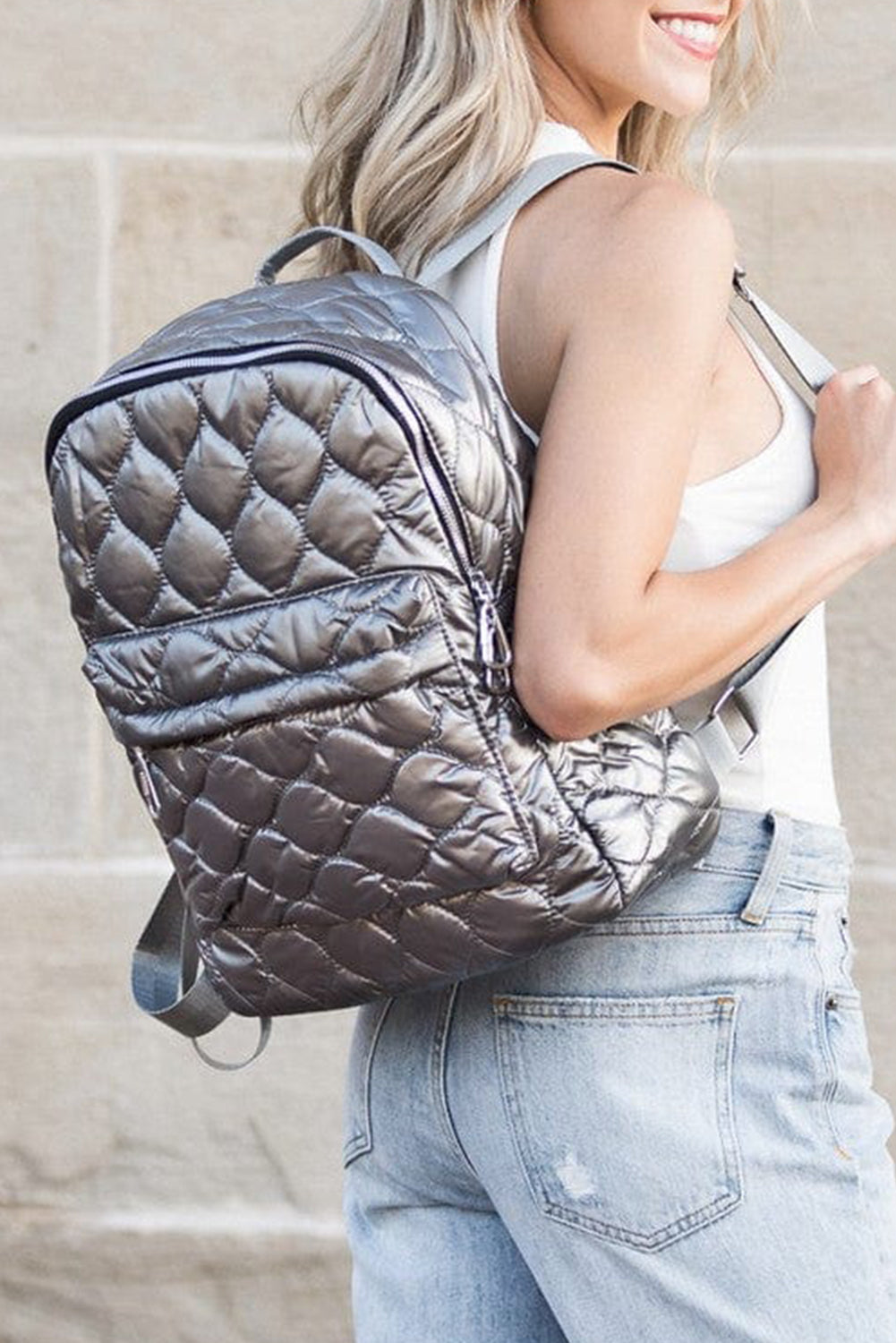 Silvery Solid Color Quilted Zipped Backpack