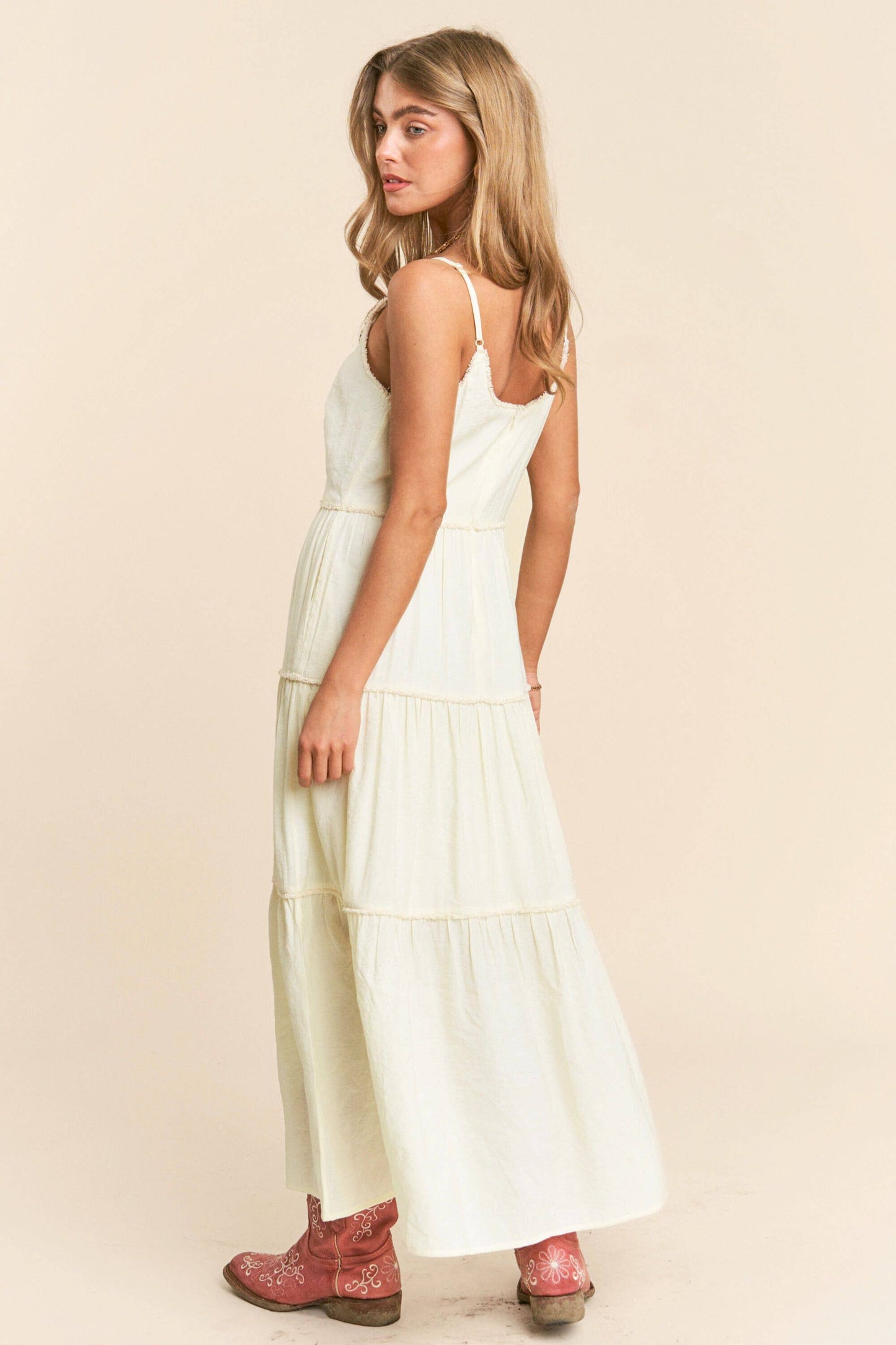 U Neck Line Tiered Spaghetti Maxi Dress