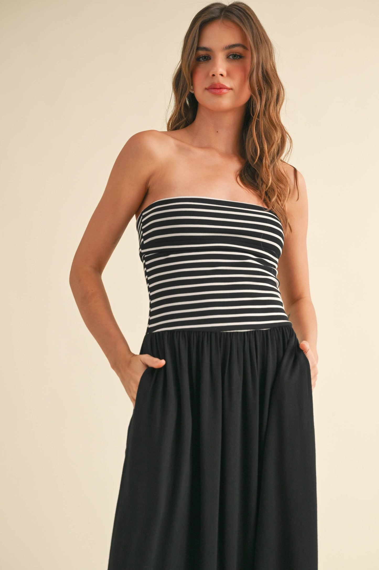 STRIPE RIBBED TOP WITH LINEN DRESS