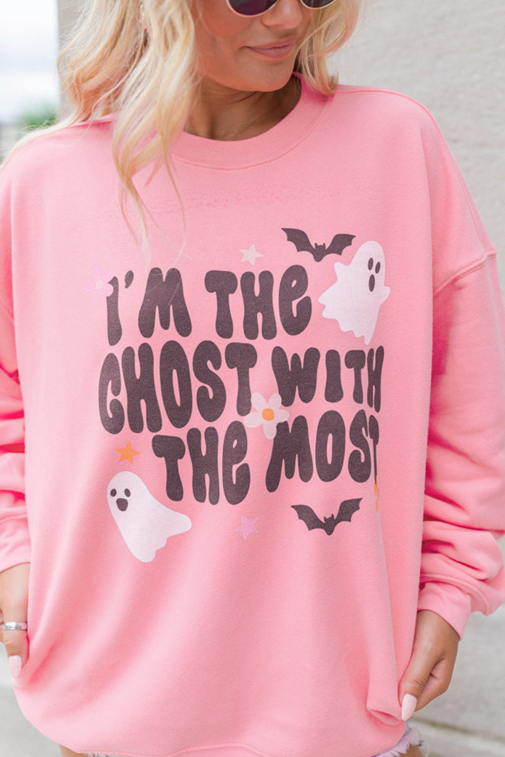 Pink Halloween Slogan Ghost Bat Graphic Drop Shoulder Sweatshirt