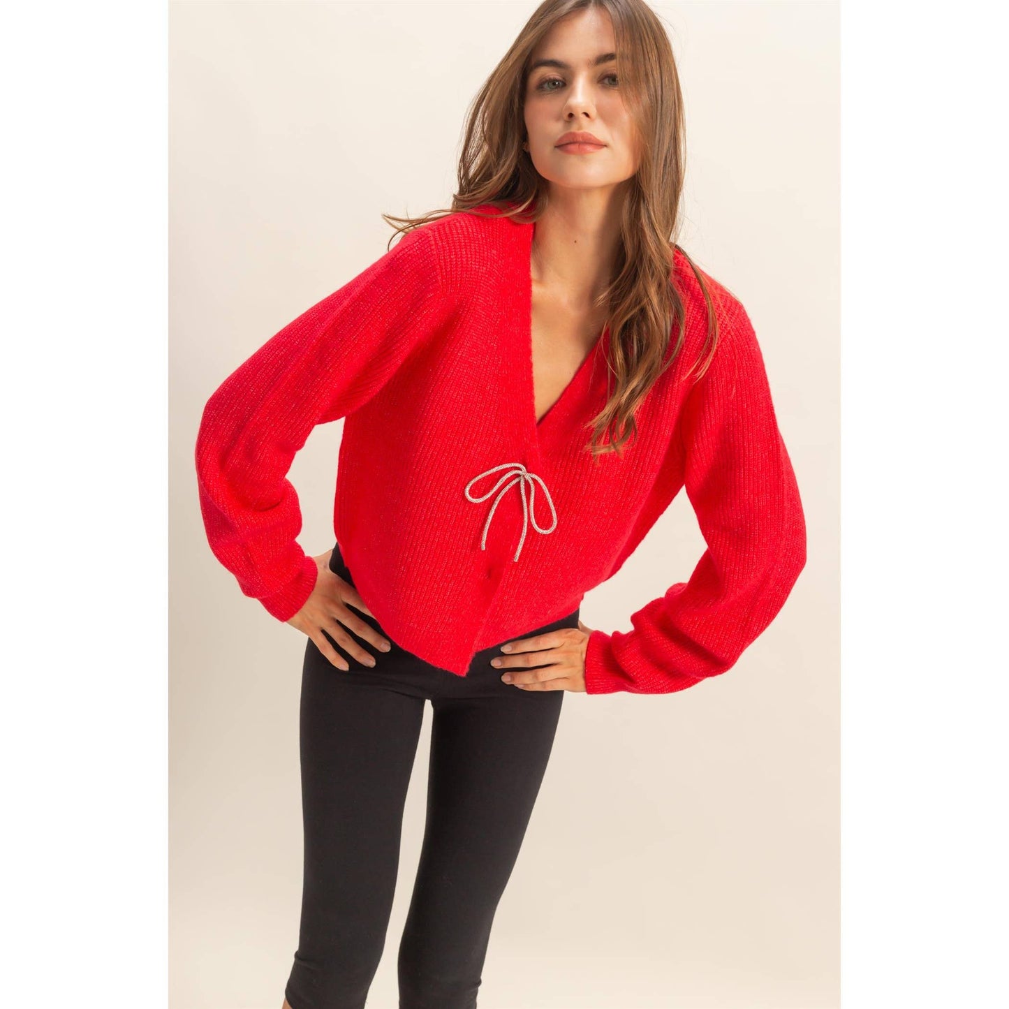 Sparkly Bow Embellished Cozy Cardigan