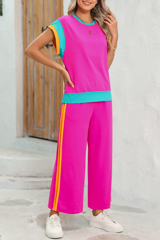 Strawberry Pink Colorblock Cap Sleeve Tee and Wide Leg Pants Set