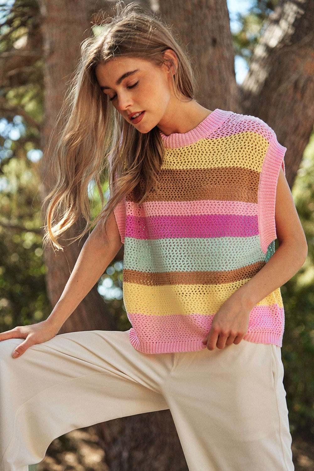 Pink Stripe Hollowed Crochet Cap Sleeve Loose Fit Knit T Shirt