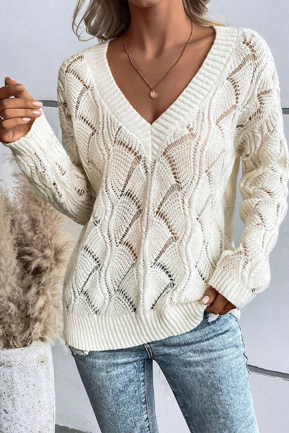 Beige Knit Hollow Out V Neck Drop Shoulder Sweater