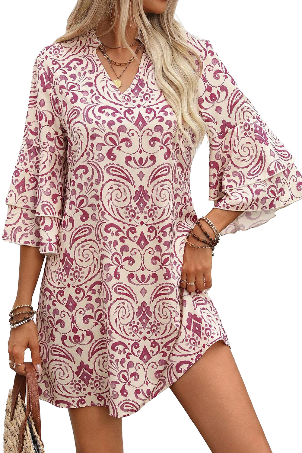 Pink Paisley Print Tiered 3/4 Sleeve Notched Neck Short Dress