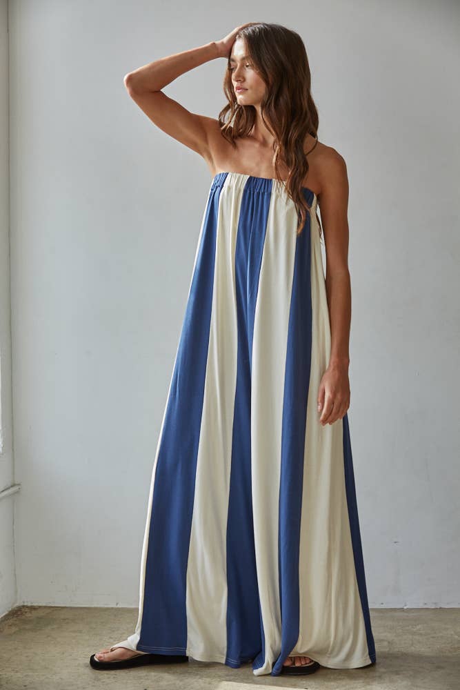Knit Viscose Spandex Striped Tube Wide Leg Jumpsuit