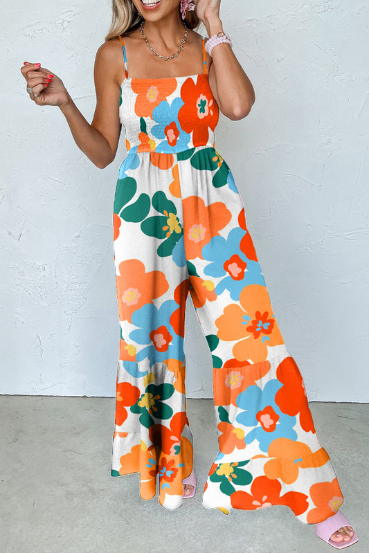 Orange Flower Smocked Bust Spaghetti Straps Wide Leg Jumpsuit