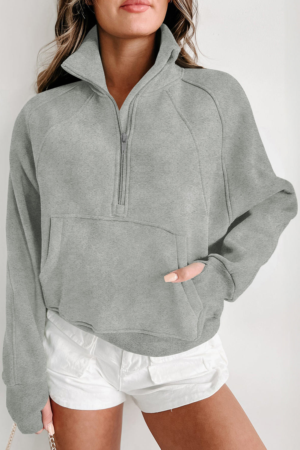 Parchment Quarter Zip Stand Neck Kangaroo Pocket Sweatshirt