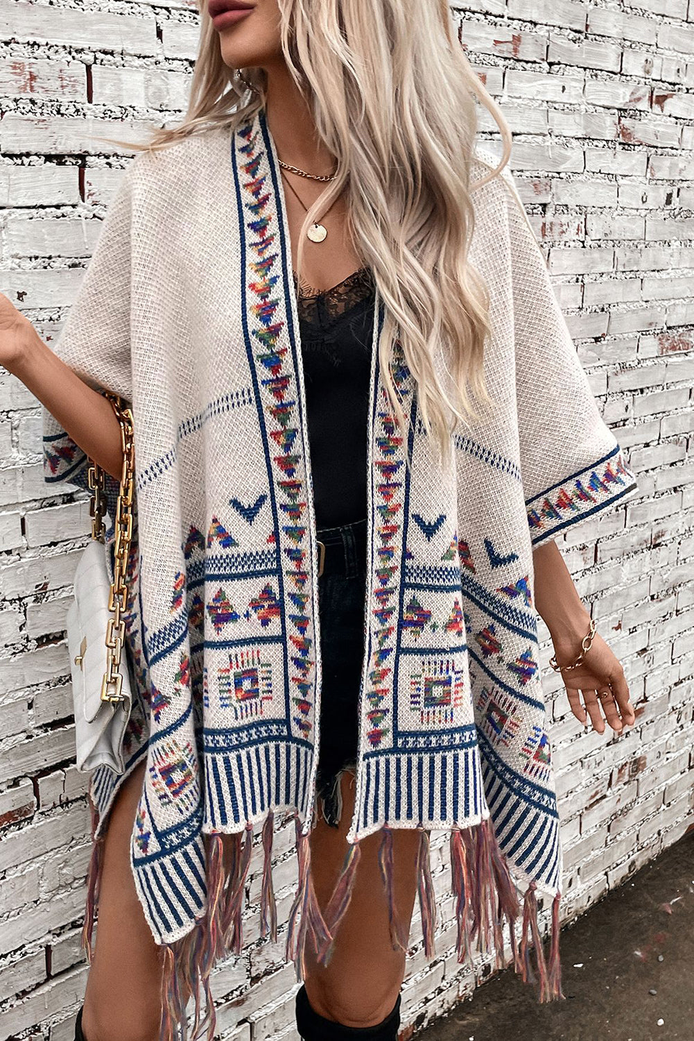 Beige Boho Geometric Tassel Hem Cape Poncho Cardigan