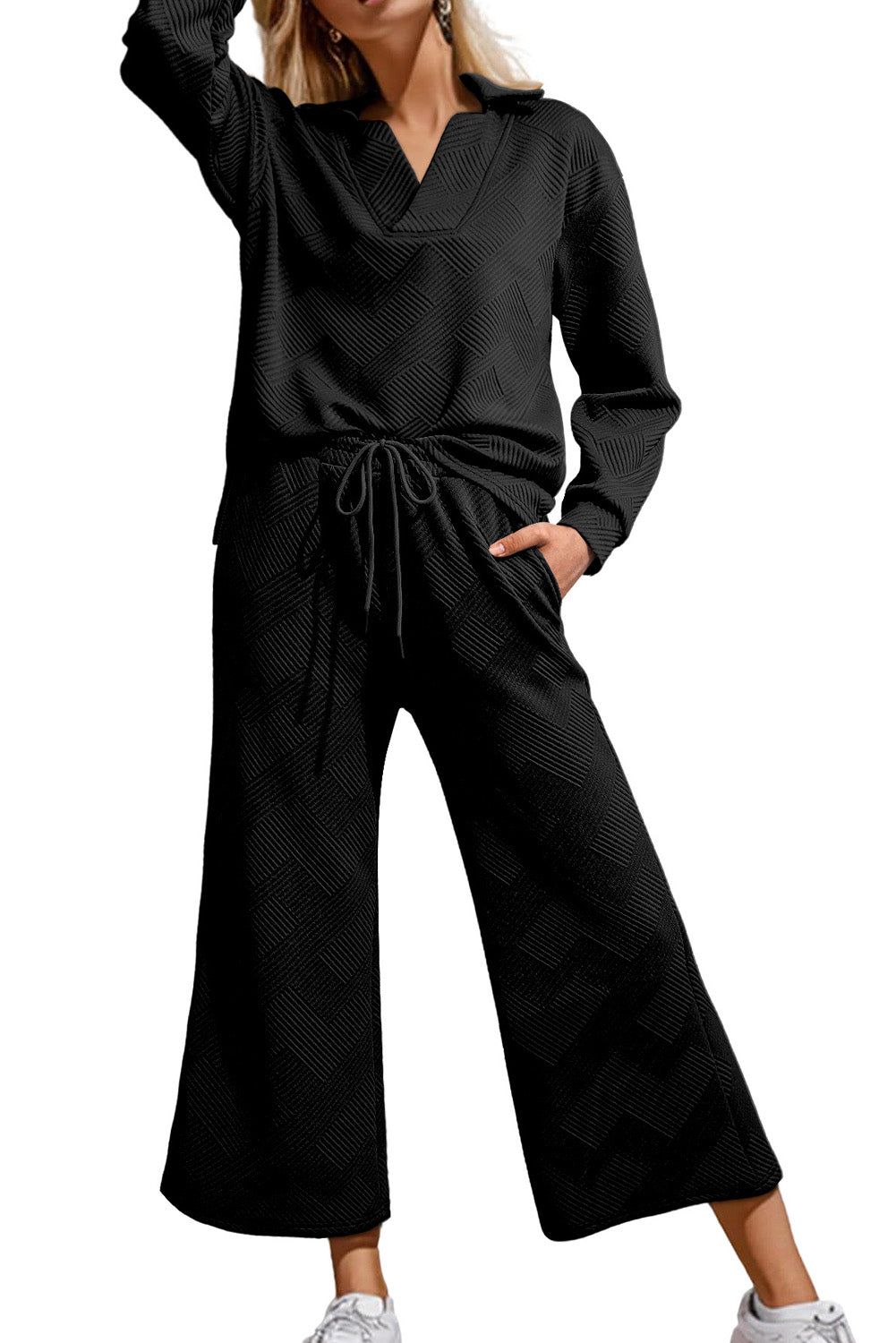 Black Plain Textured Collared V Neck Top and Wide Leg Pants Set