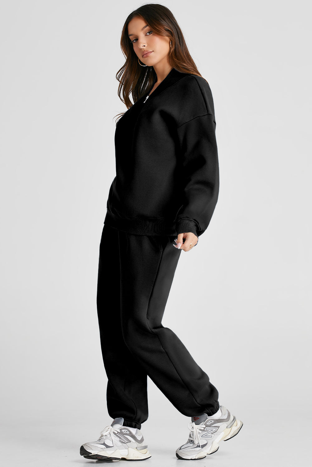 Black Plain Half Zip V Neck Top & Ribbed Edge Loose Pants Sets