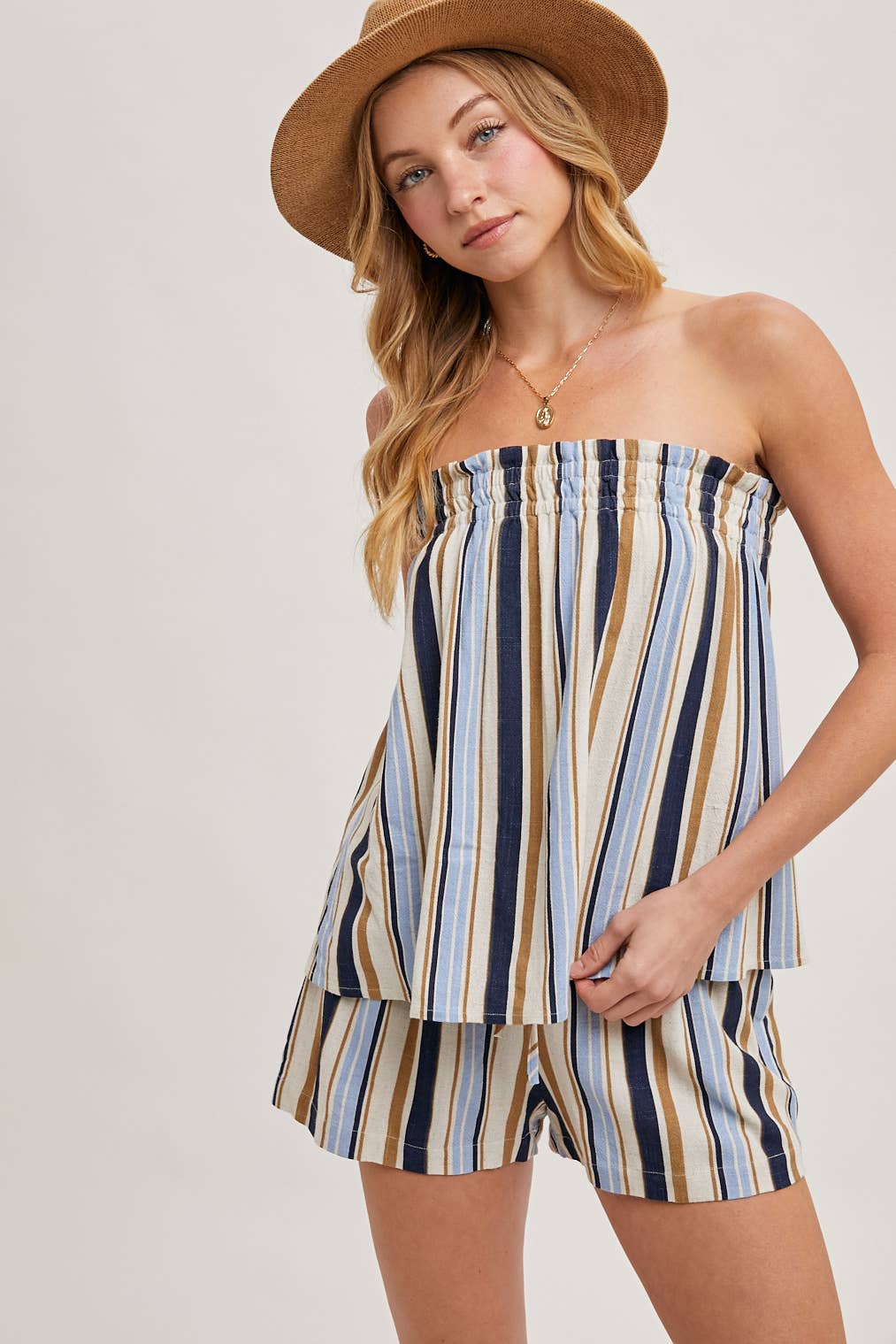 CORFU STRIPED SLEEVELESS SMOCKED TOP & SHORTS SET