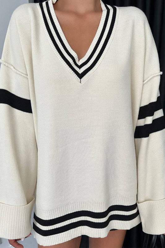 White Stripe Contrast V Neck Exposed Seam Loose Sweater