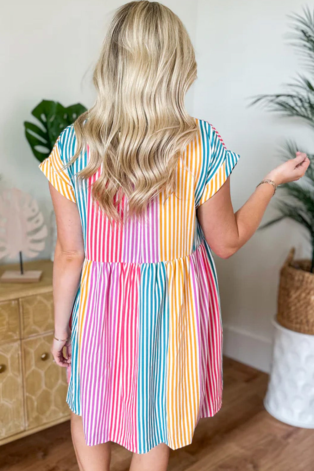 Multicolour Striped Patchwork Hidden Pocket Short Sleeve Mini Dress