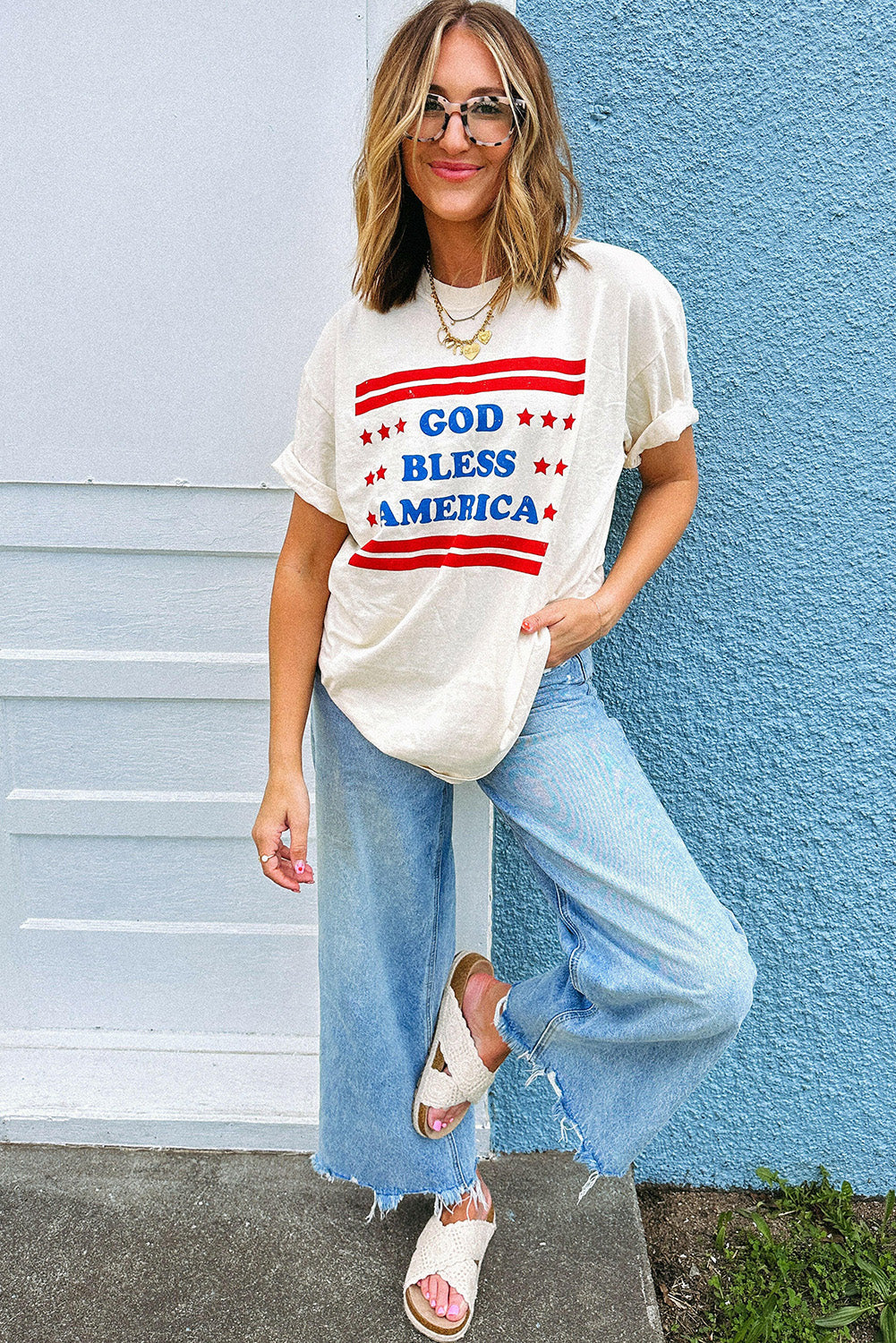 White GOD BLESS AMERICA Star and Stripe Graphic Tee