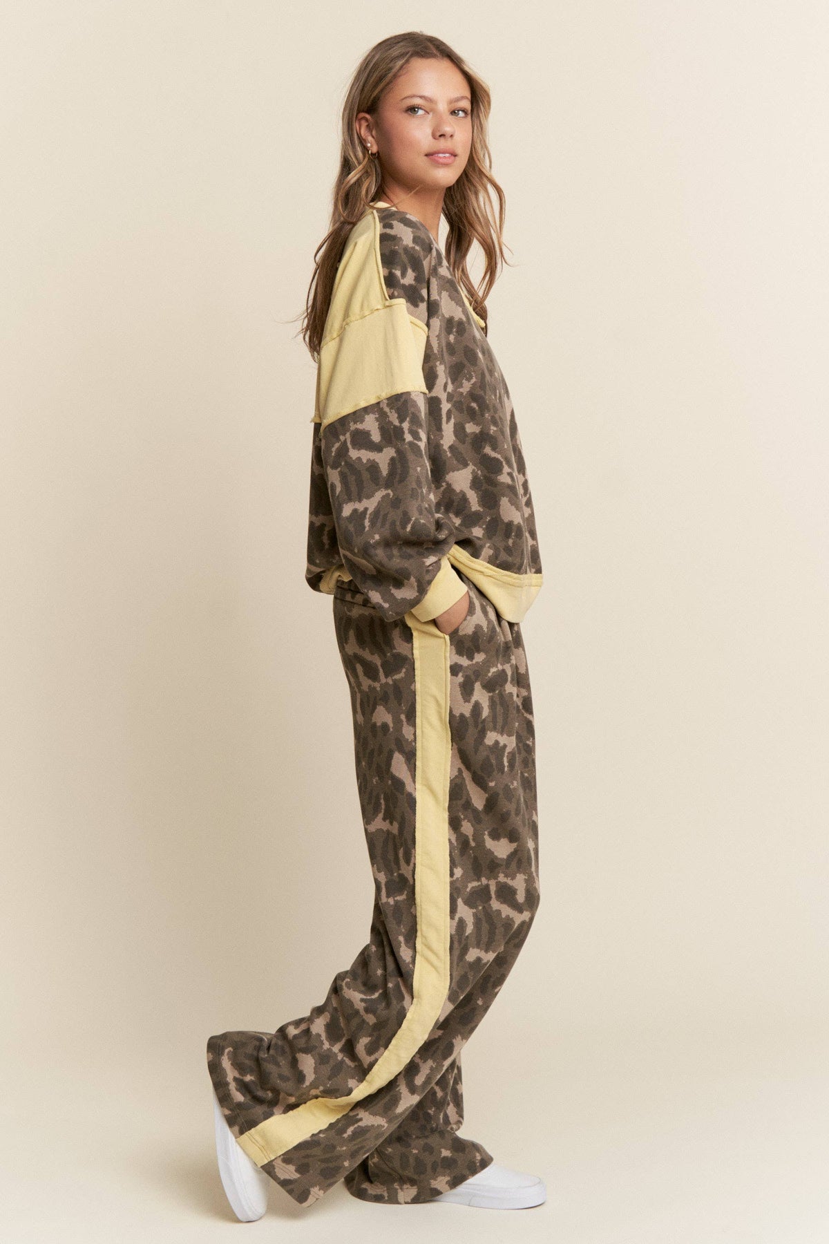 Leopard Print Solid Stripe Wide Leg Bottoms