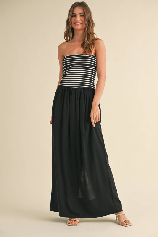 STRIPE RIBBED TOP WITH LINEN DRESS