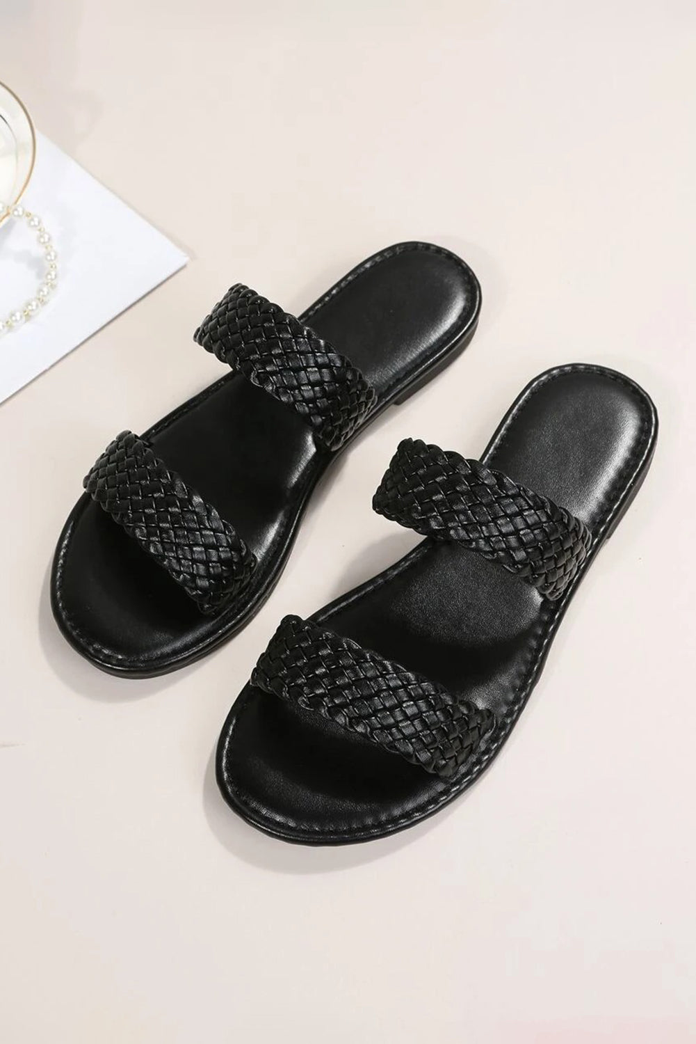 Black Braided Double Band Leather Flat Slides Shoes