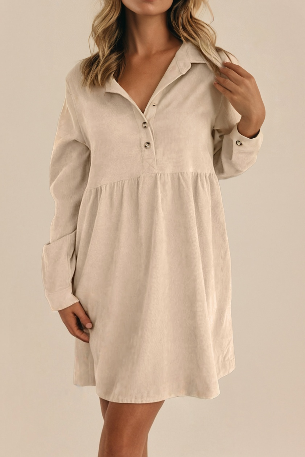 Corduroy Half Button Collared Long Sleeve Mini Fall Dress