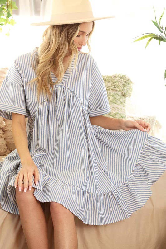 V-Neck Striped 100% Cotton Tiered Woven Dress
