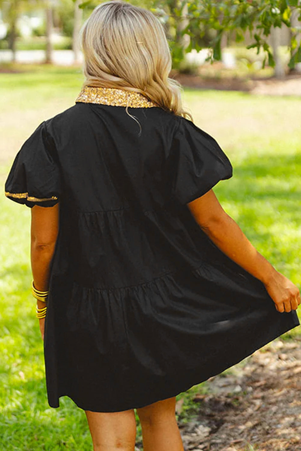 Wholesale Black Sequin Trim Bubble Sleeve Tiered Mini Dress