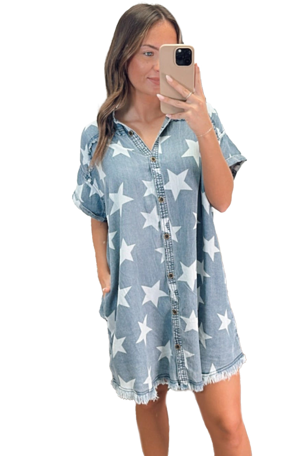 Sky Blue Star Print Frayed Hem Buttoned Denim Mini Dress