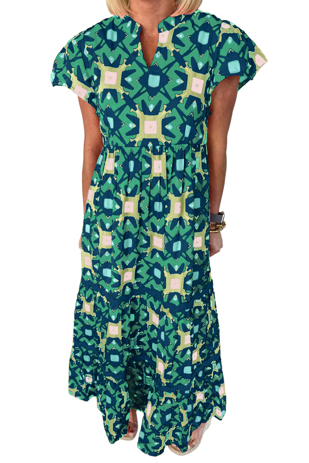 Sea Green Abstract Print Pleated Flounce Sleeve Maxi Dress