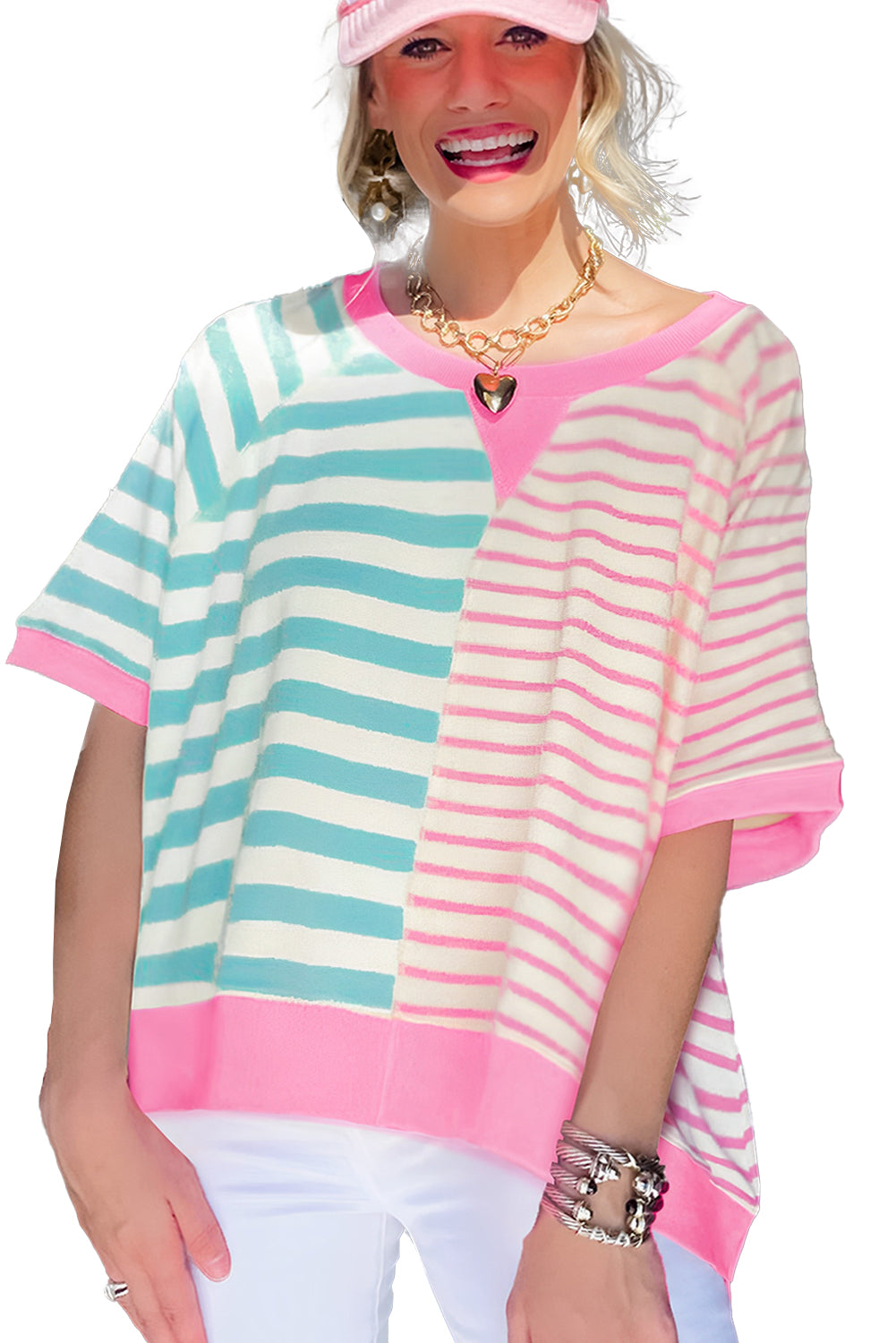 Blue Stripe Contrast Colorblock Oversized T Shirt