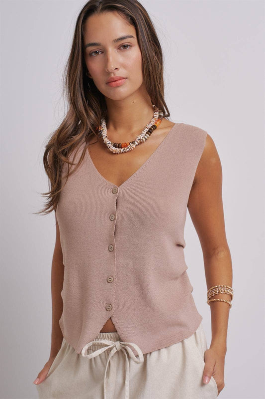 Button-Front Knit Vest Top with Side Detail