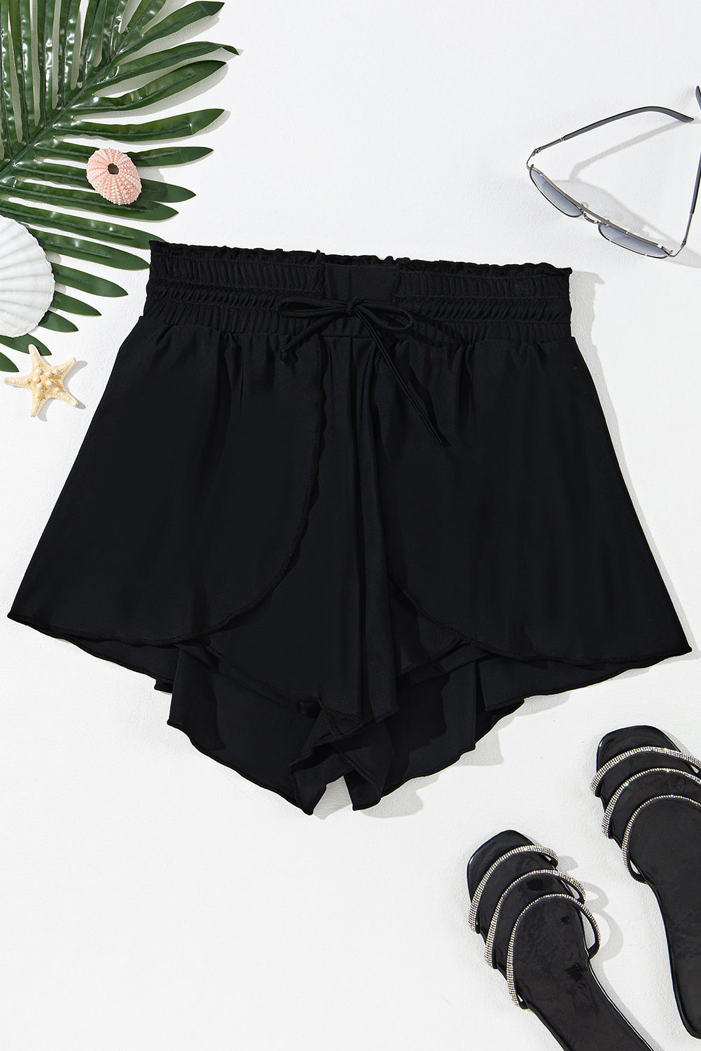 Dark Grey Frill High Waist Petal Wrap Swim Shorts