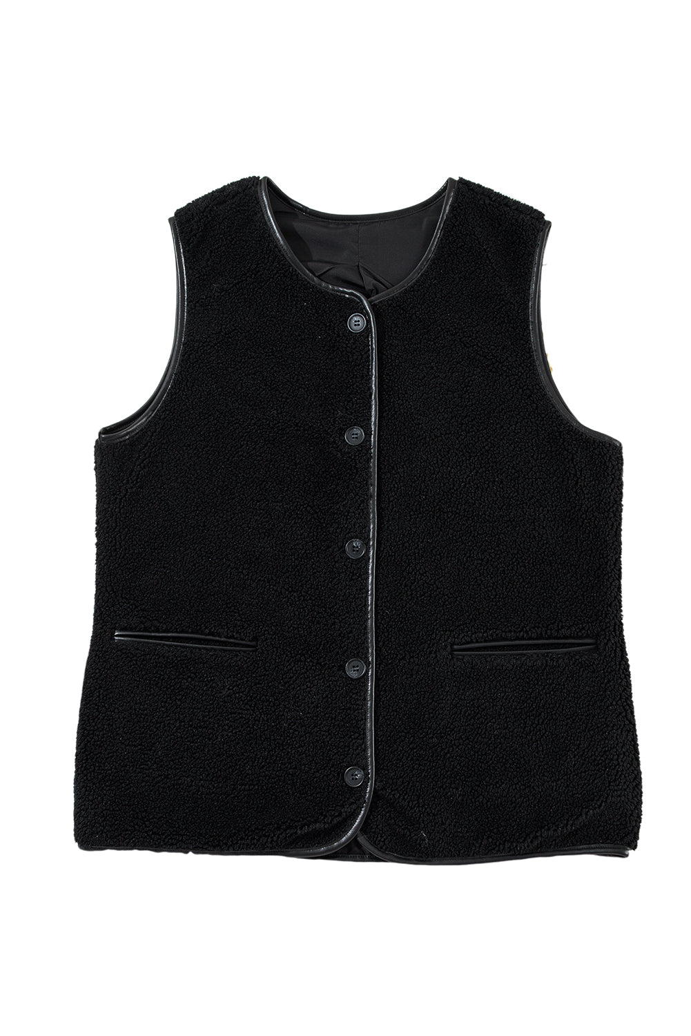 Camel Fleece Leather Patchwork Side Pockets Button Up Vest