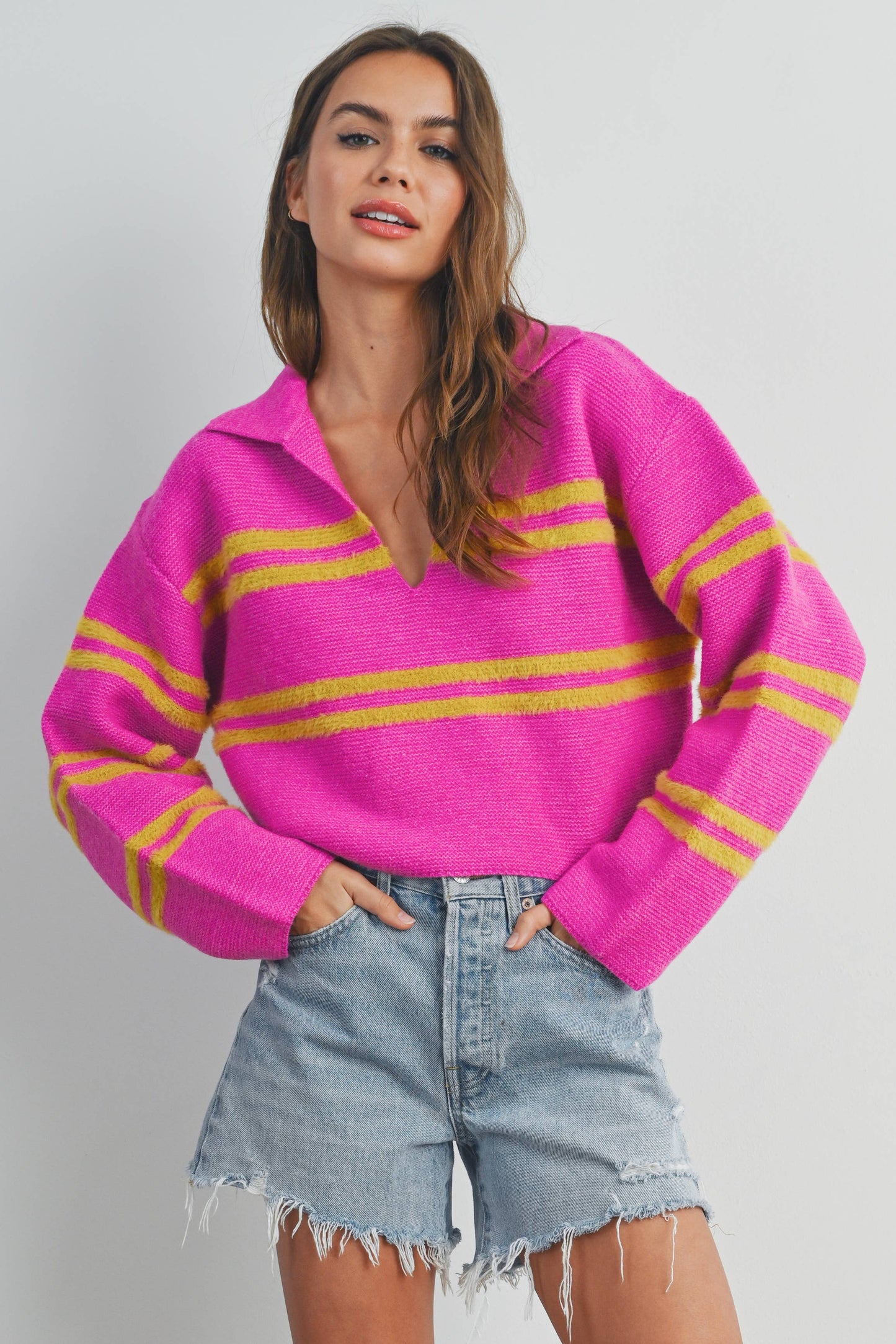 STRIPE CROP COLLAR SWEATER TOP - BMW7393