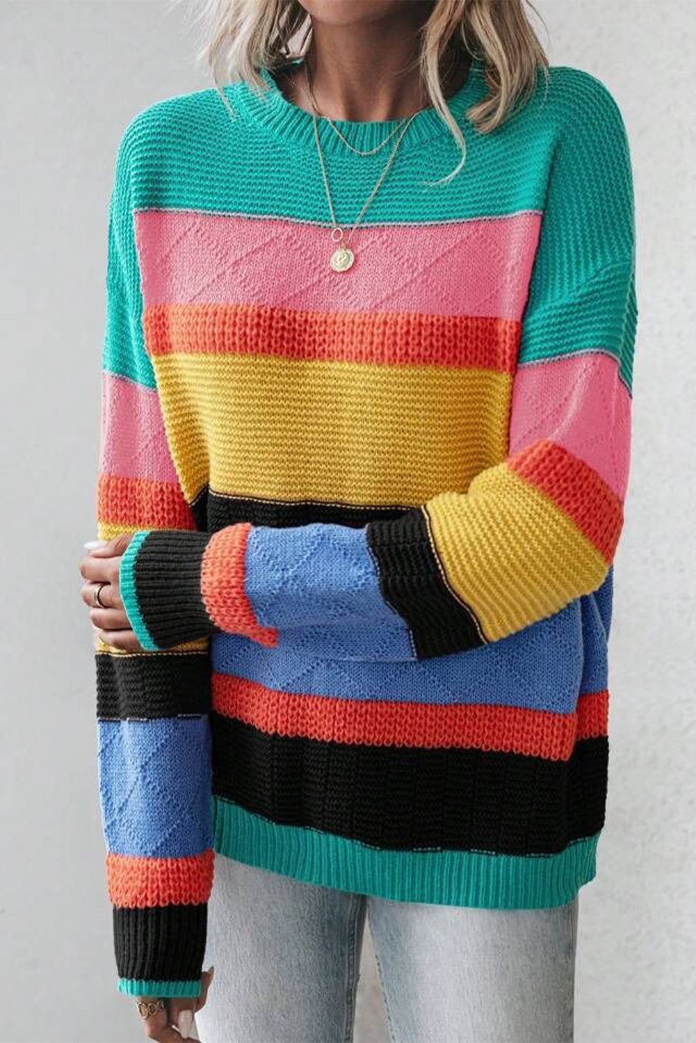 Yellow Colorblock Drop Shoulder Crew Neck Sweater