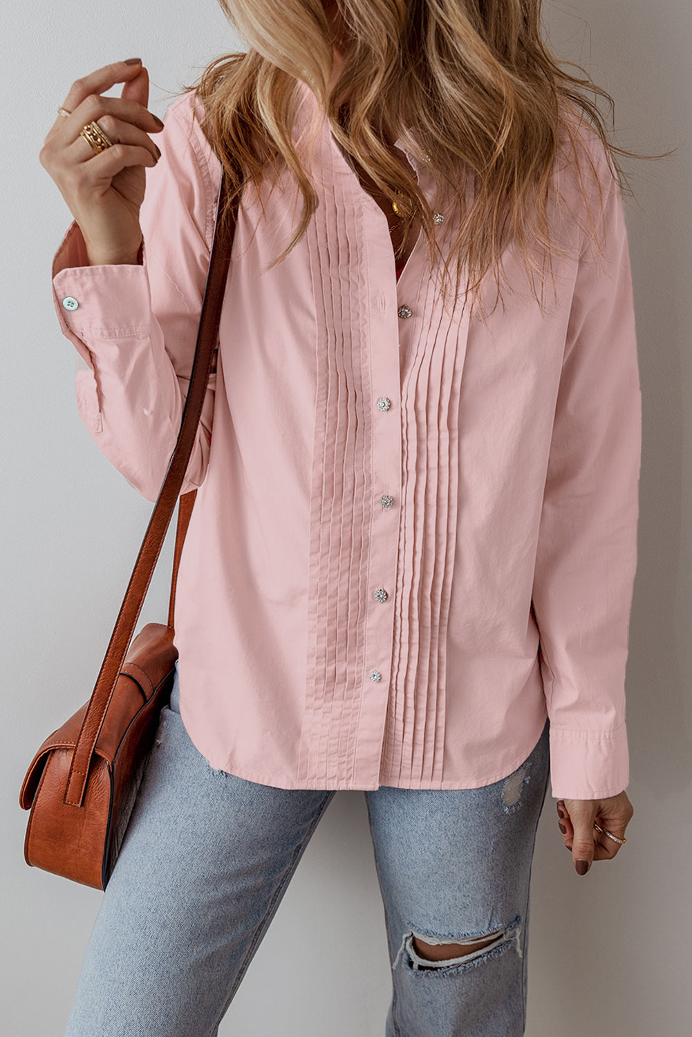 Light Pink Pleated Button-up Plain Shirt