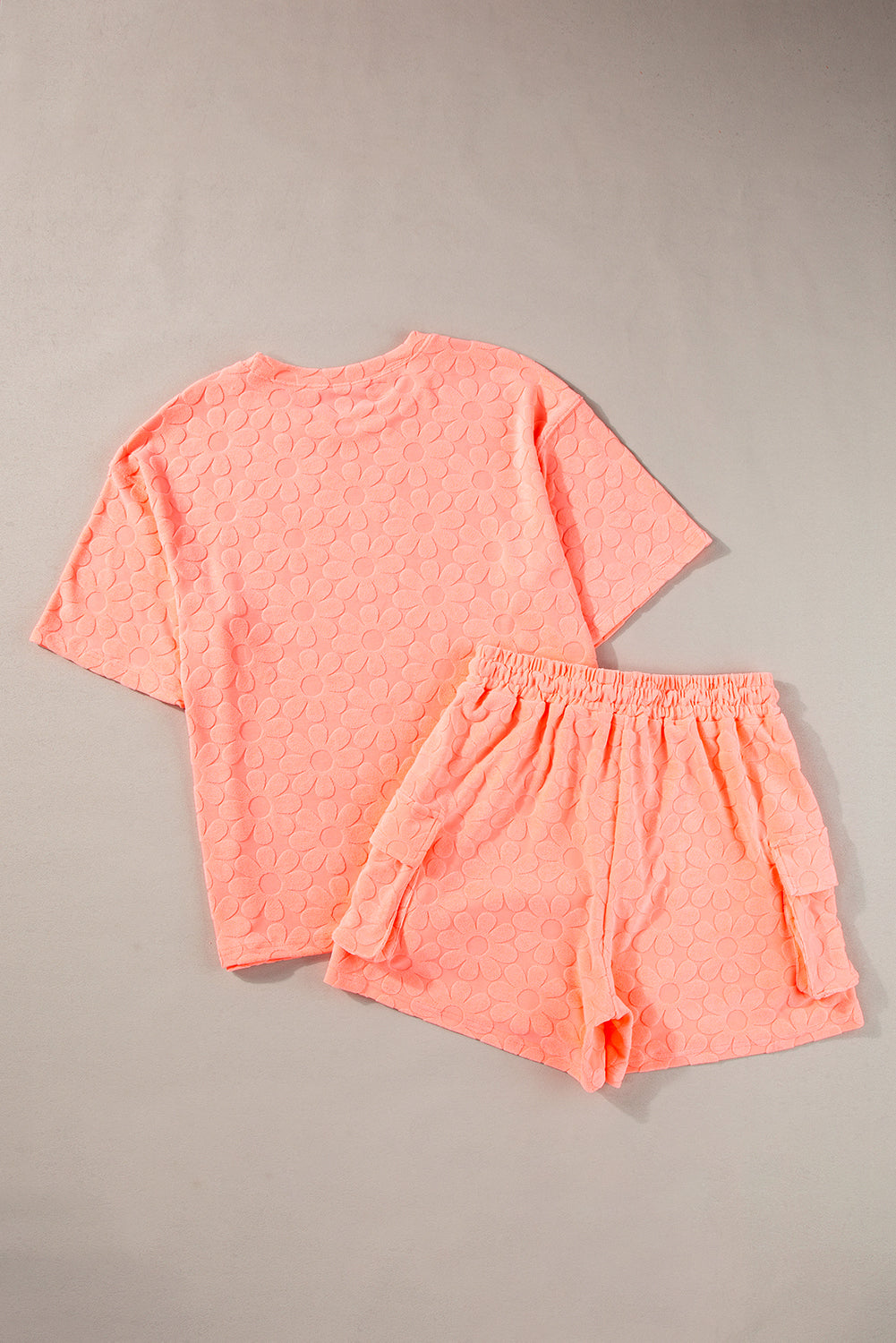 Grapefruit Orange Floral Textured Short Sleeve Top and Shorts Set