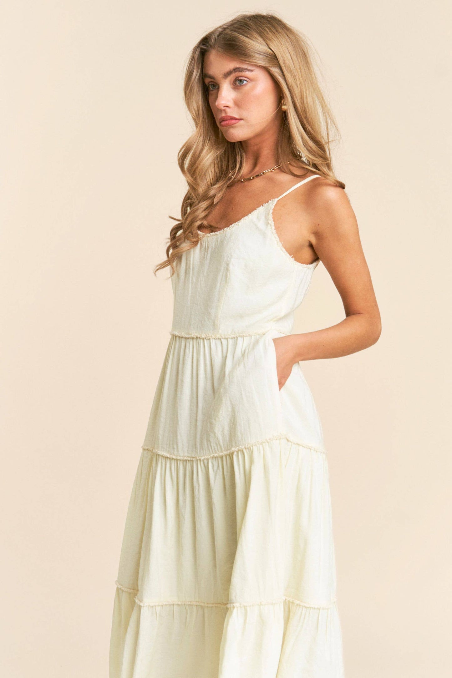 U Neck Line Tiered Spaghetti Maxi Dress