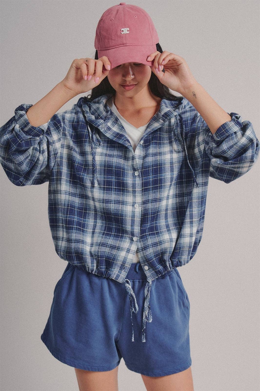 Plaid Flannel Hooded Shacket with Drawstring Hem
