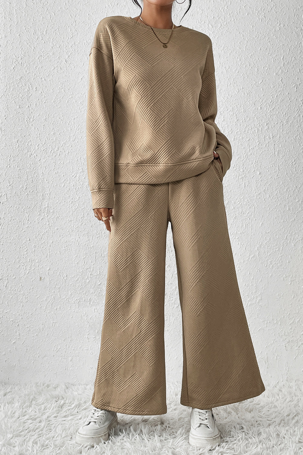 Dark Khaki Textured Loose Slouchy Long Sleeve Top and Pants Set