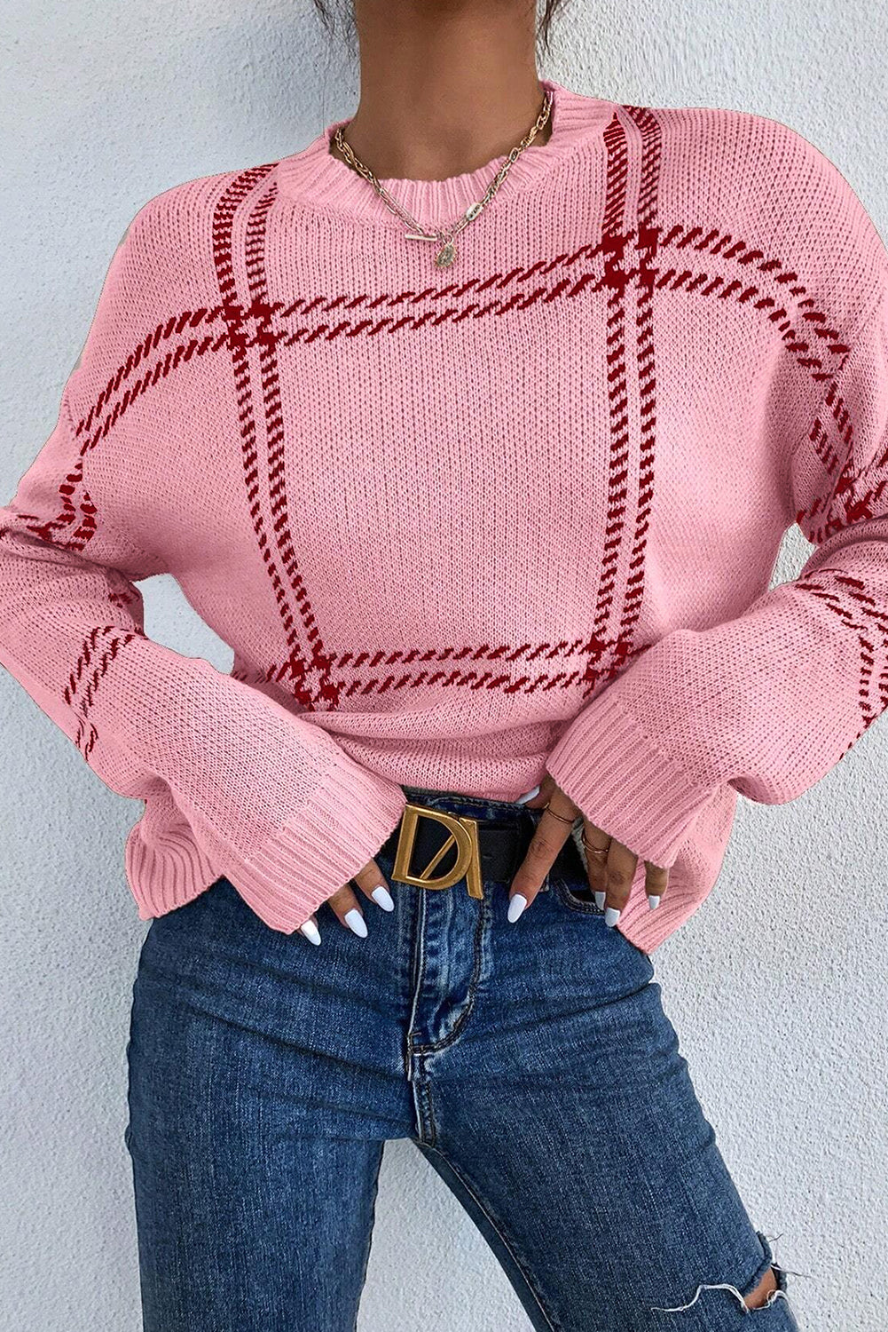 Khaki Plaid Pattern Knitted Drop Shoulder Sweater