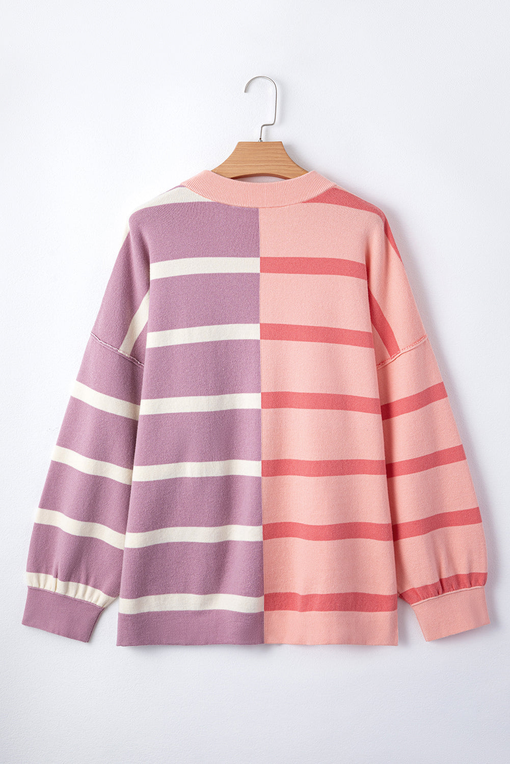 Pink Striped Colorblock Drop Shoulder Sweater