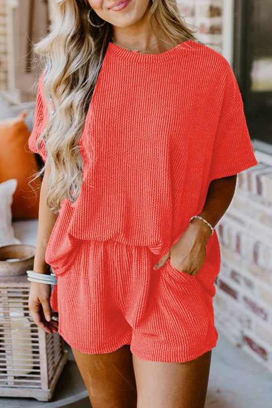 Orange Ribbed Textured Loose Fit Tee & Shorts Set