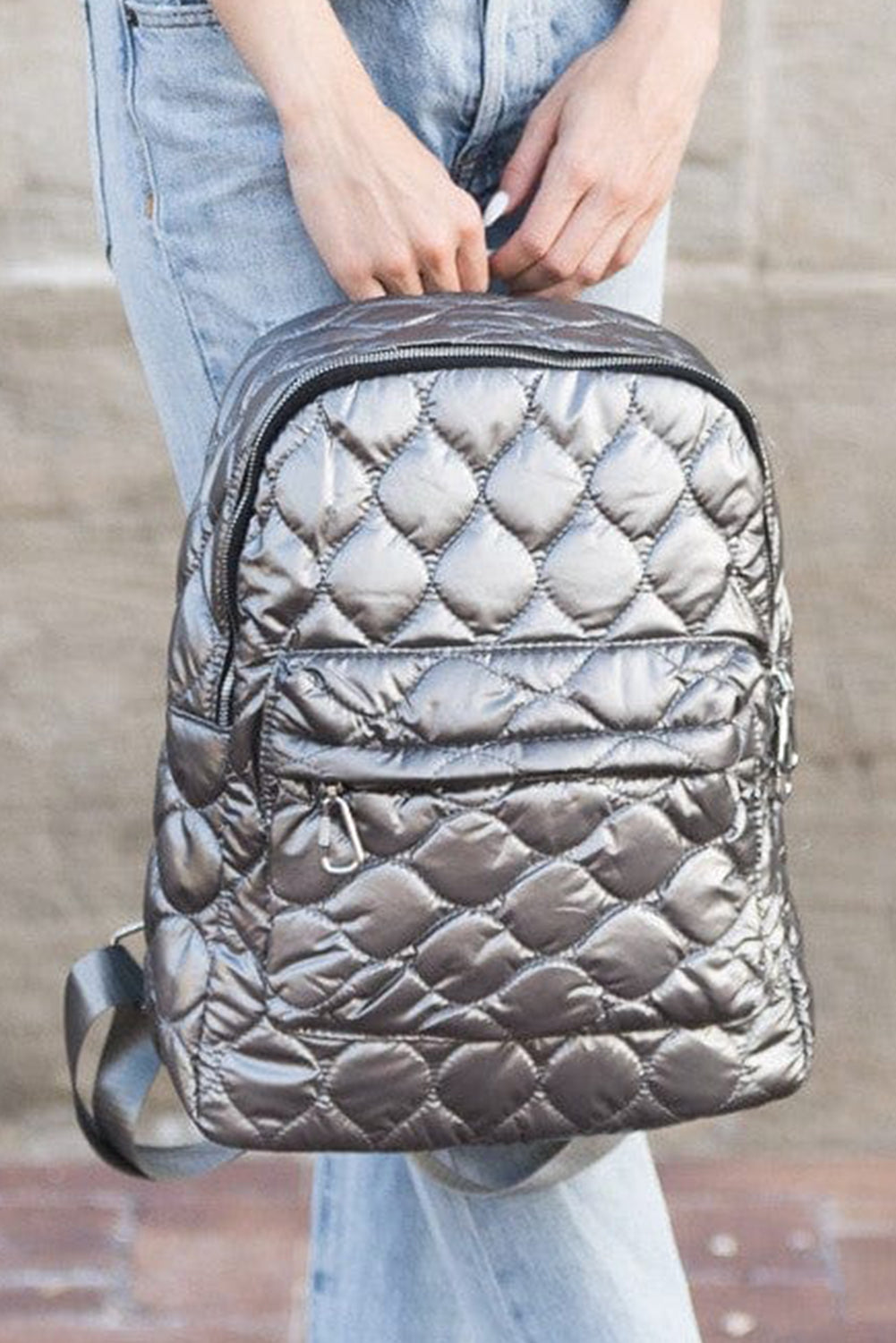 Silvery Solid Color Quilted Zipped Backpack