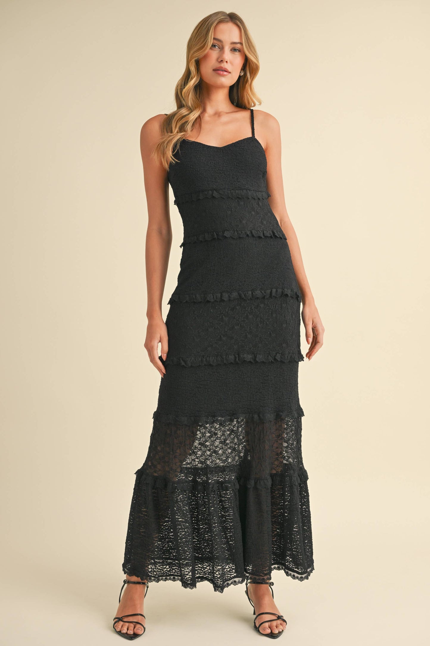ID8566  TIERED RUFFLED LACE MAXI DRESS WITH PARTIAL LINING