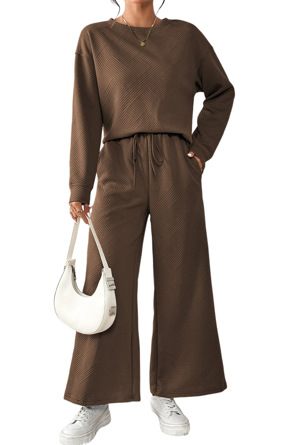 Dark Khaki Textured Loose Slouchy Long Sleeve Top and Pants Set