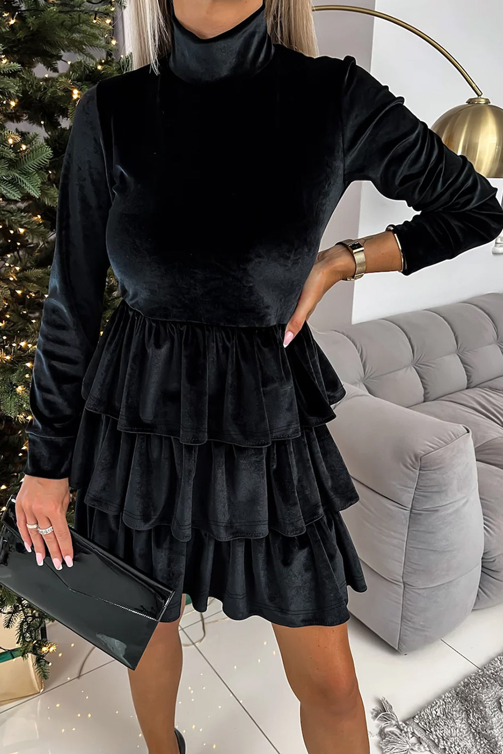 Evergreen Velvet High Neck Tiered Ruffle Mini Dress