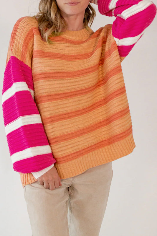 Orange Striped Colorblock Puff Sleeve Sweater