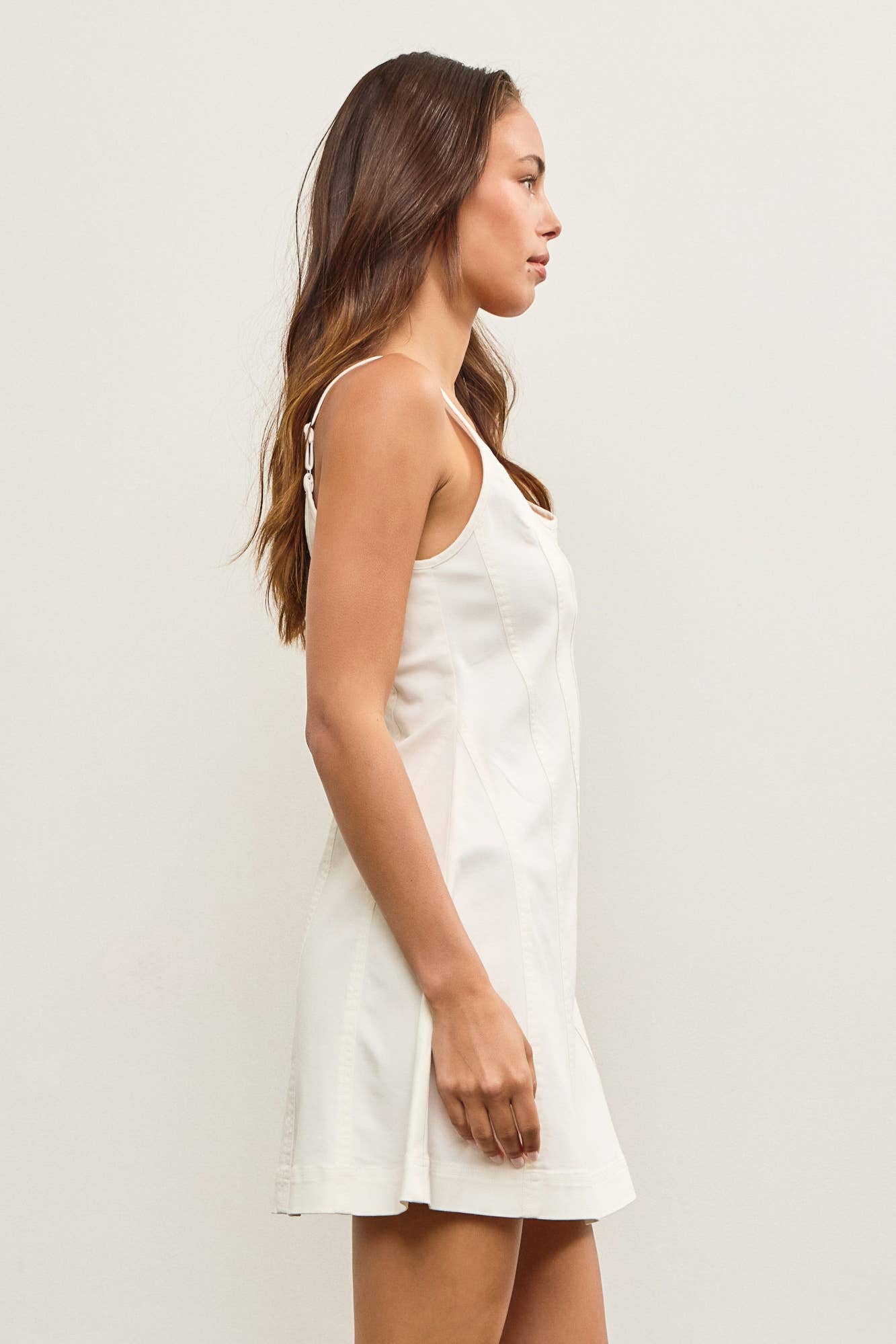 DIAGONAL SEAM DENIM STRAP DRESS