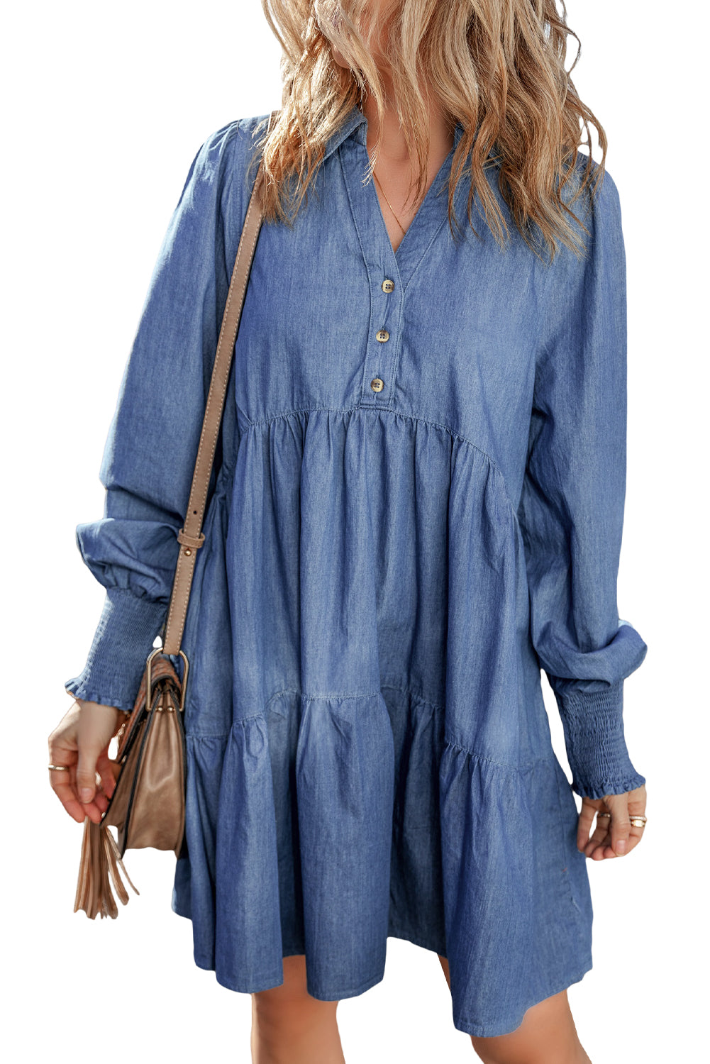 Dusk Blue Smocked Cuff Buttoned Tiered Denim Mini Dress