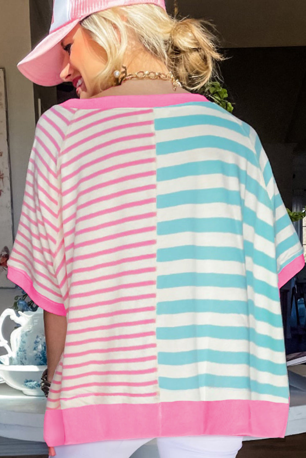 Blue Stripe Contrast Colorblock Oversized T Shirt